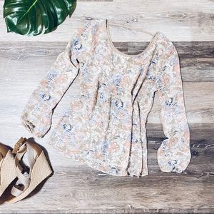Billowy Semi Sheer Floral Long Sleeve Blouse
